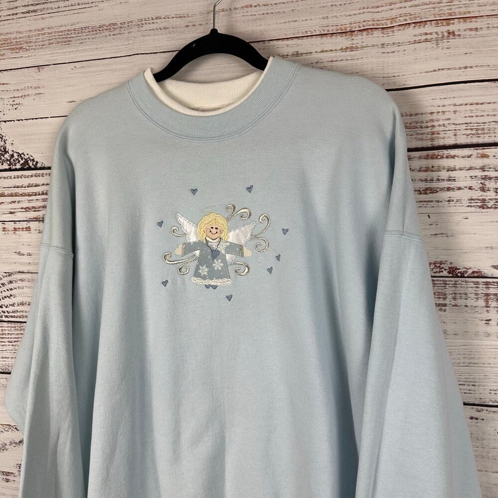 NWT VTG Day Breeze double Collar Pullover Sweatshirt Blue Embroidered Angel XL